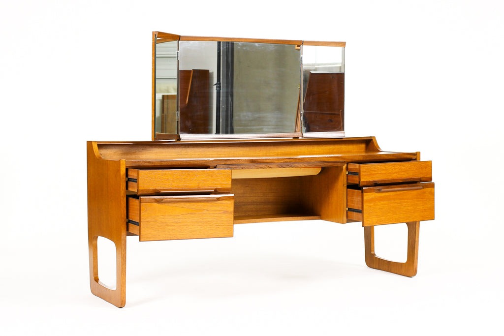 #2128 – Danish Modern / Mid Century Low Teak Vanity / Dressing Table — Meredew — Adjustable Mirror 