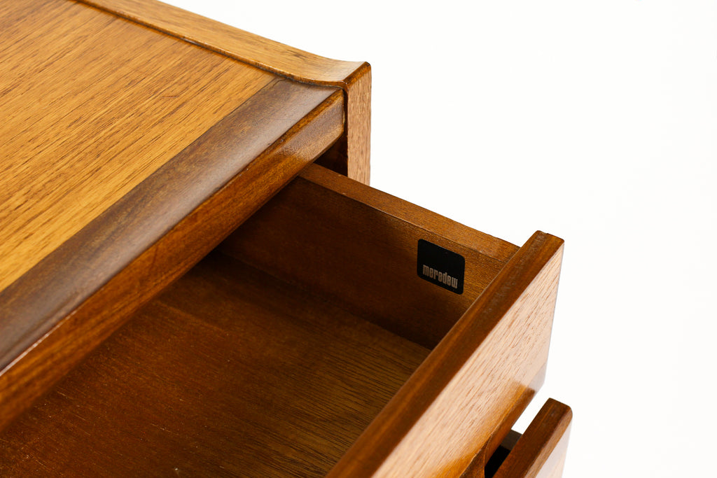 #2128 – Danish Modern / Mid Century Low Teak Vanity / Dressing Table — Meredew — Adjustable Mirror 