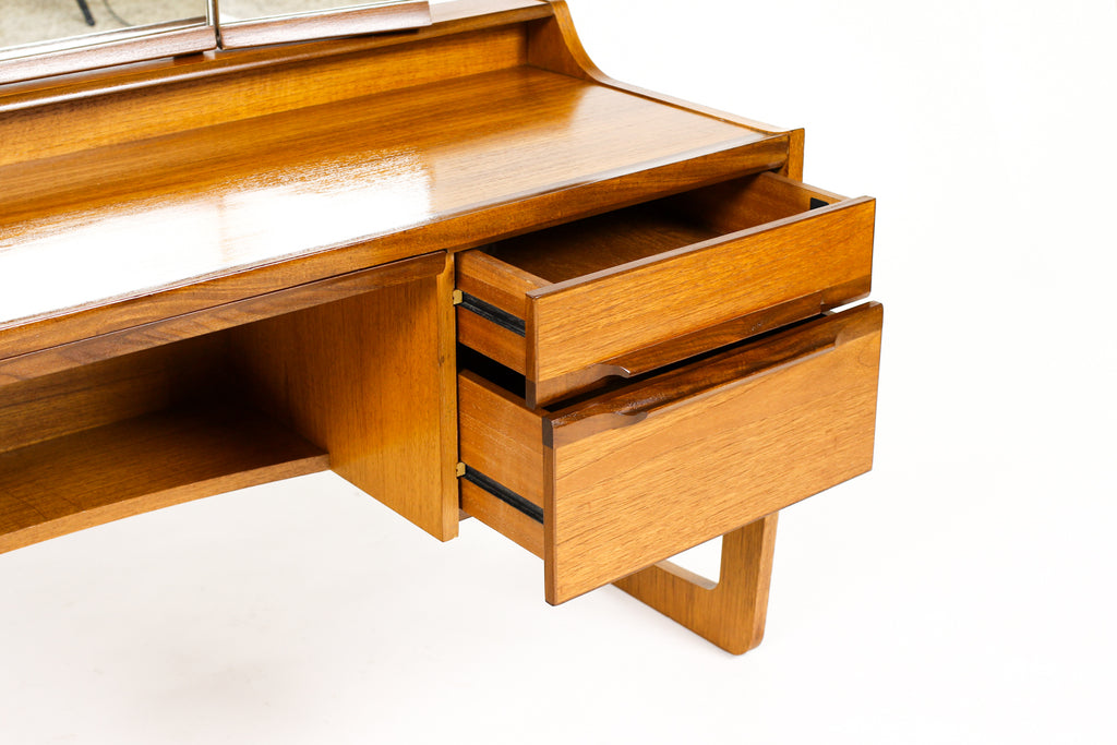 #2128 – Danish Modern / Mid Century Low Teak Vanity / Dressing Table — Meredew — Adjustable Mirror 