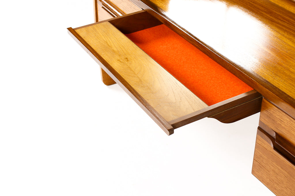 #2128 – Danish Modern / Mid Century Low Teak Vanity / Dressing Table — Meredew — Adjustable Mirror 
