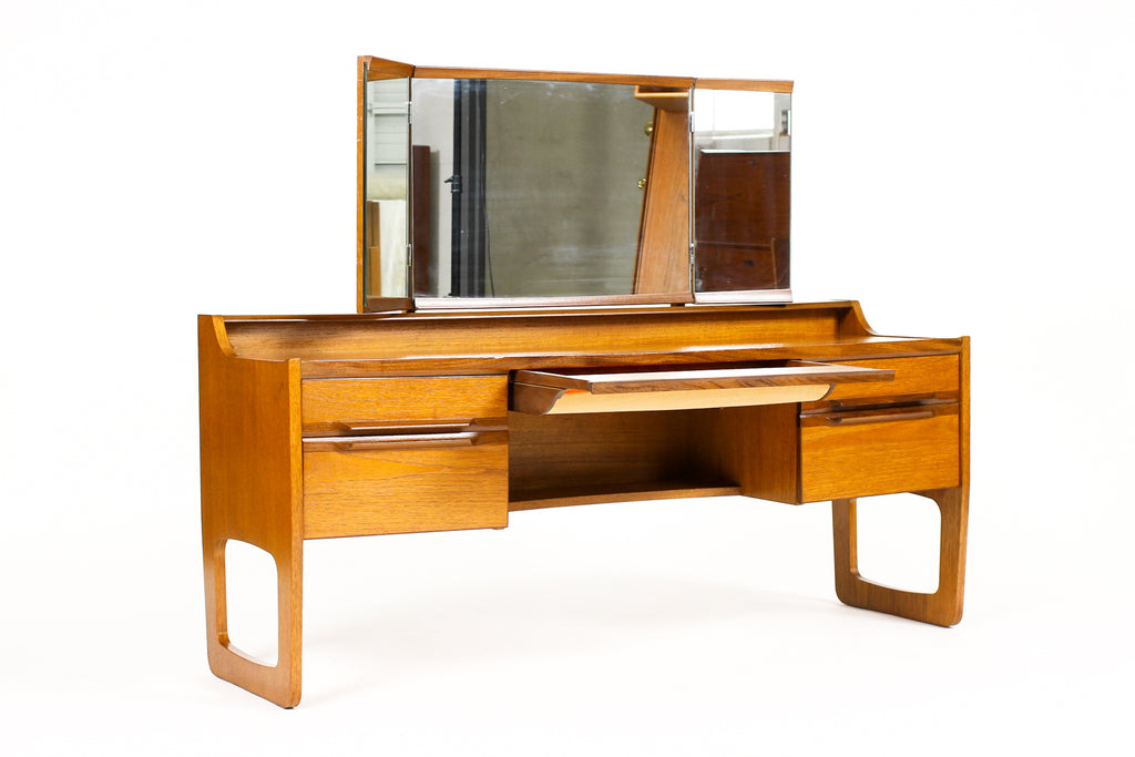 #2128 – Danish Modern / Mid Century Low Teak Vanity / Dressing Table — Meredew — Adjustable Mirror 