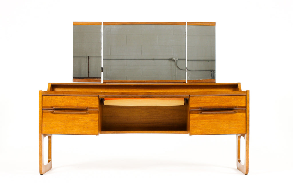 #2128 – Danish Modern / Mid Century Low Teak Vanity / Dressing Table — Meredew — Adjustable Mirror 
