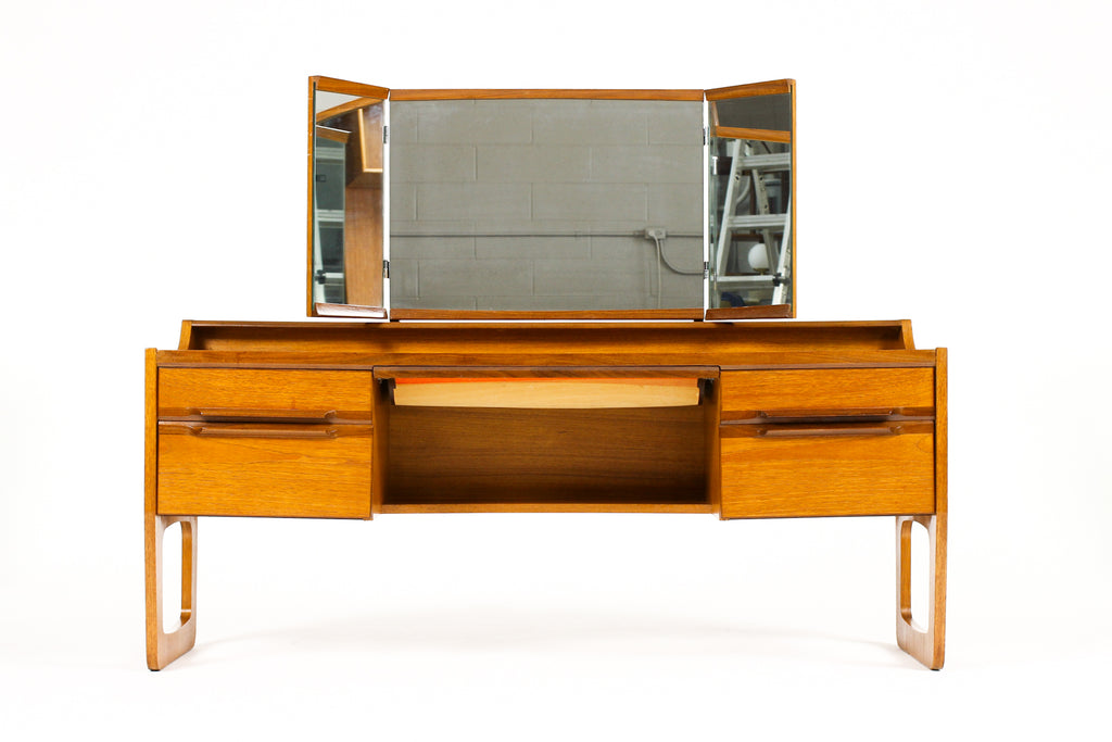 #2128 – Danish Modern / Mid Century Low Teak Vanity / Dressing Table — Meredew — Adjustable Mirror 