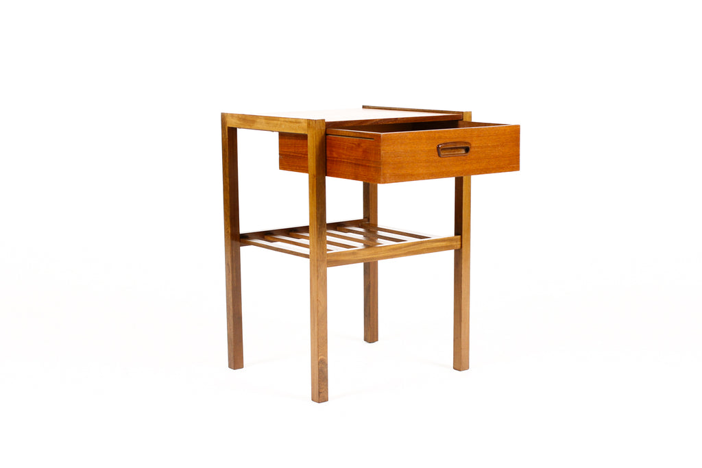 #2168 —Danish Modern / Mid Century Teak Nightstand — Single Drawer — Slat Shelf