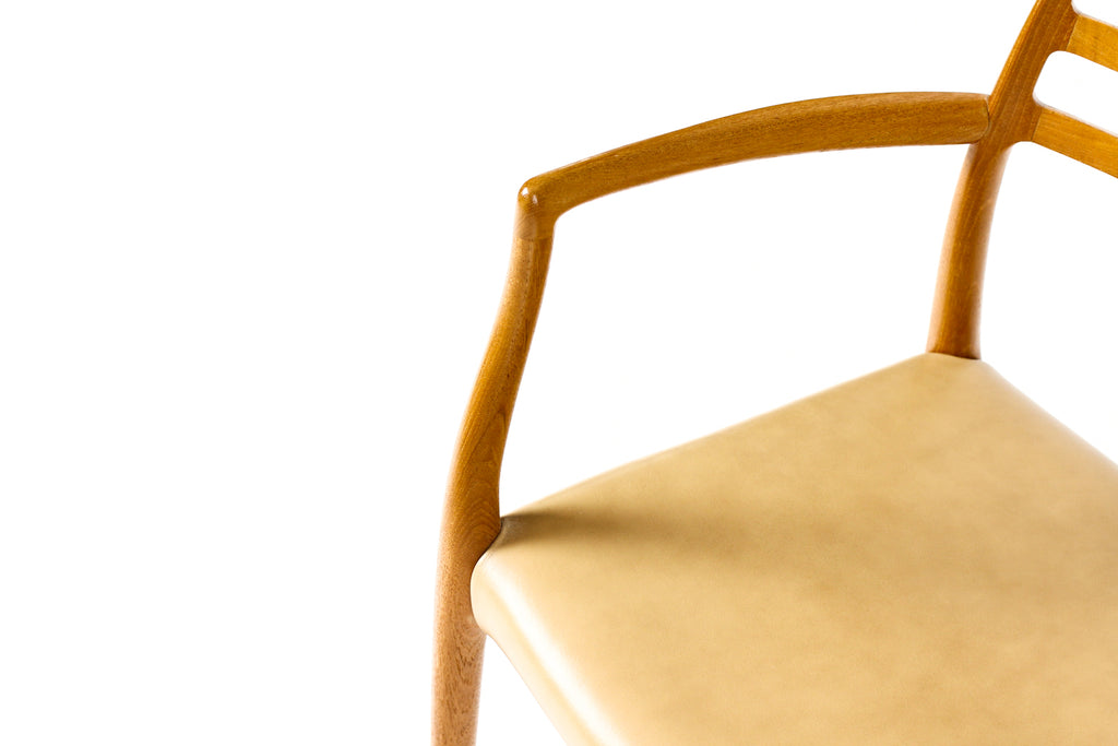 #2259 –  Danish Modern / Mid Century Teak Dining Chairs — JL Moller #78 + #62 — Tan Leather — Set of 6