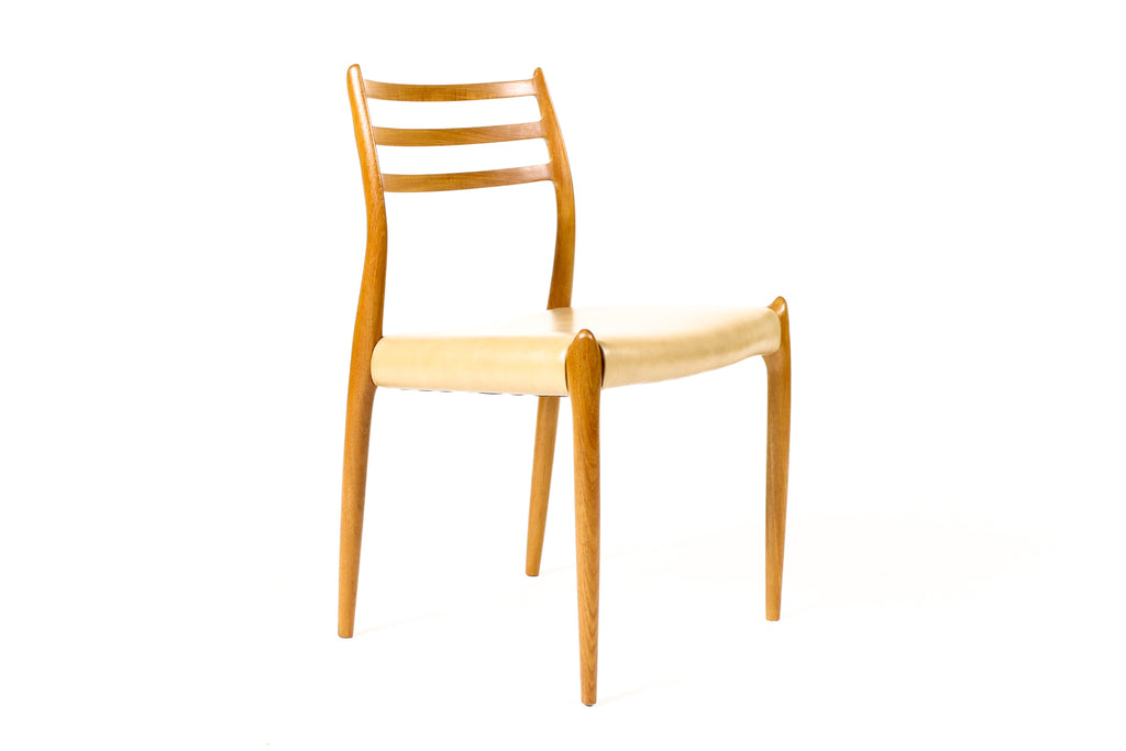 #2259 –  Danish Modern / Mid Century Teak Dining Chairs — JL Moller #78 + #62 — Tan Leather — Set of 6