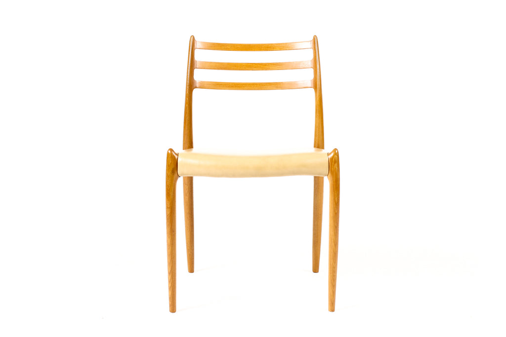 #2259 –  Danish Modern / Mid Century Teak Dining Chairs — JL Moller #78 + #62 — Tan Leather — Set of 6