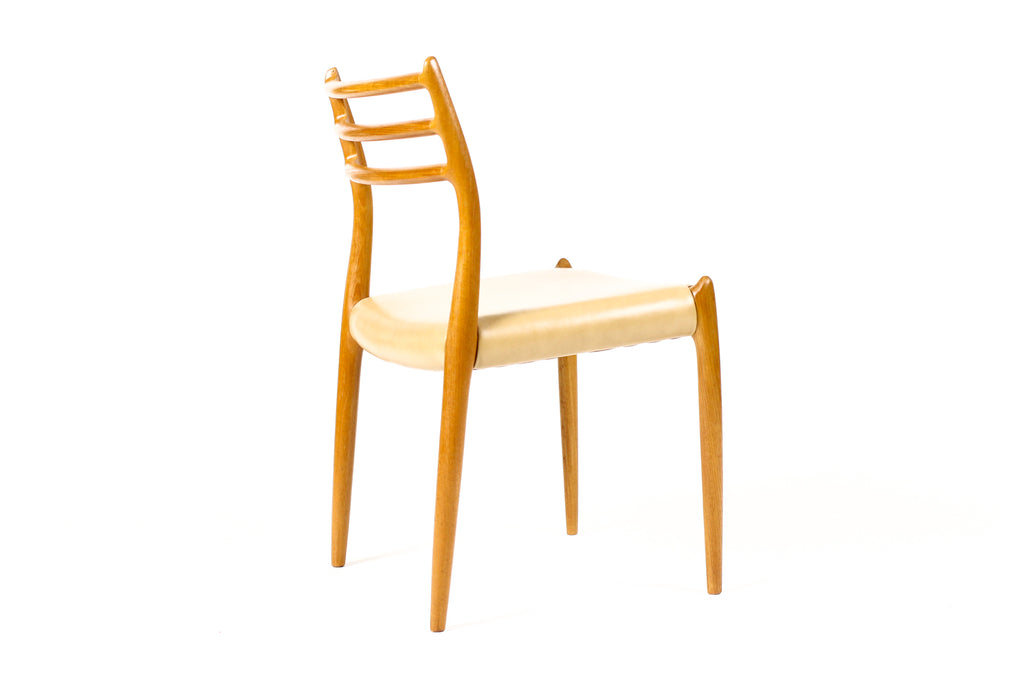#2259 –  Danish Modern / Mid Century Teak Dining Chairs — JL Moller #78 + #62 — Tan Leather — Set of 6