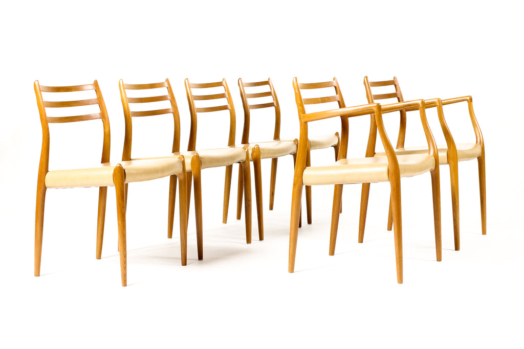 #2259 –  Danish Modern / Mid Century Teak Dining Chairs — JL Moller #78 + #62 — Tan Leather — Set of 6