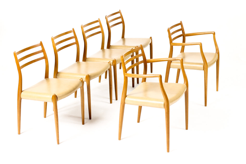 #2259 –  Danish Modern / Mid Century Teak Dining Chairs — JL Moller #78 + #62 — Tan Leather — Set of 6