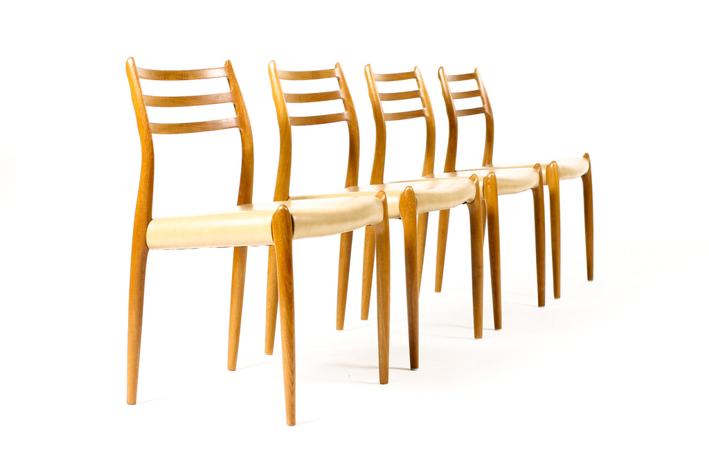#2259 –  Danish Modern / Mid Century Teak Dining Chairs — JL Moller #78 + #62 — Tan Leather — Set of 6