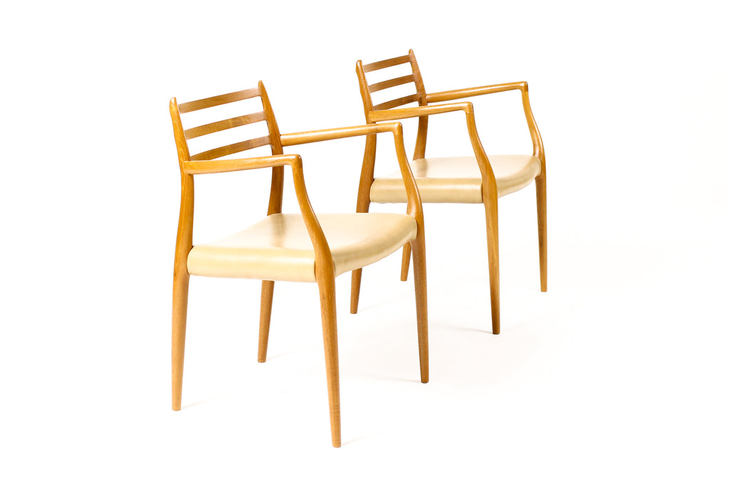 #2259 –  Danish Modern / Mid Century Teak Dining Chairs — JL Moller #78 + #62 — Tan Leather — Set of 6