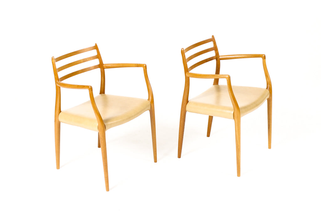 #2259 –  Danish Modern / Mid Century Teak Dining Chairs — JL Moller #78 + #62 — Tan Leather — Set of 6