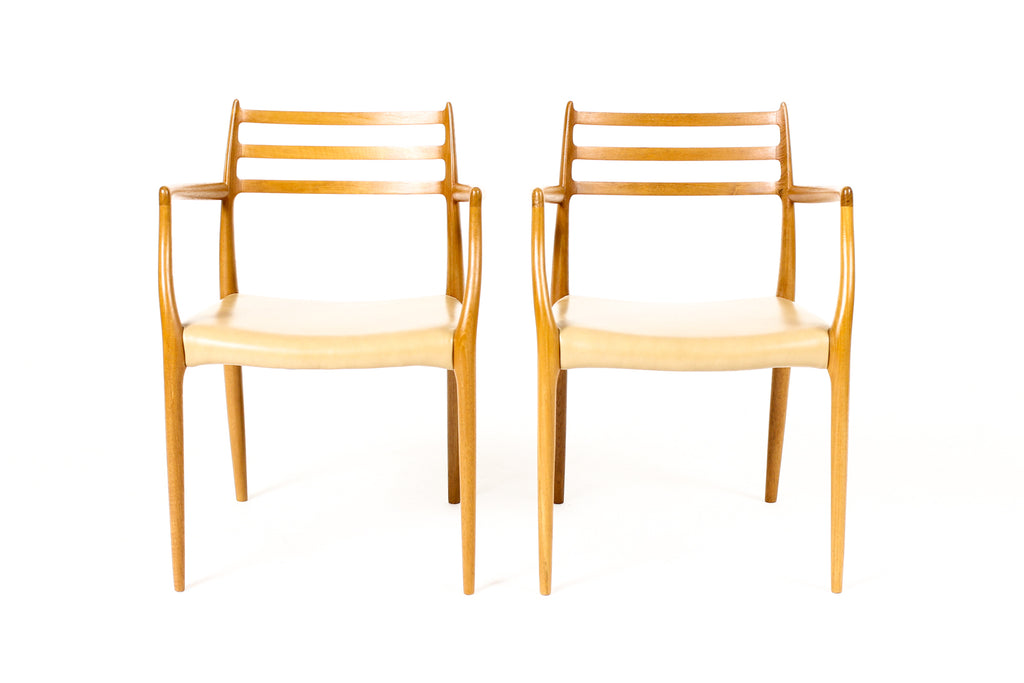 #2259 –  Danish Modern / Mid Century Teak Dining Chairs — JL Moller #78 + #62 — Tan Leather — Set of 6
