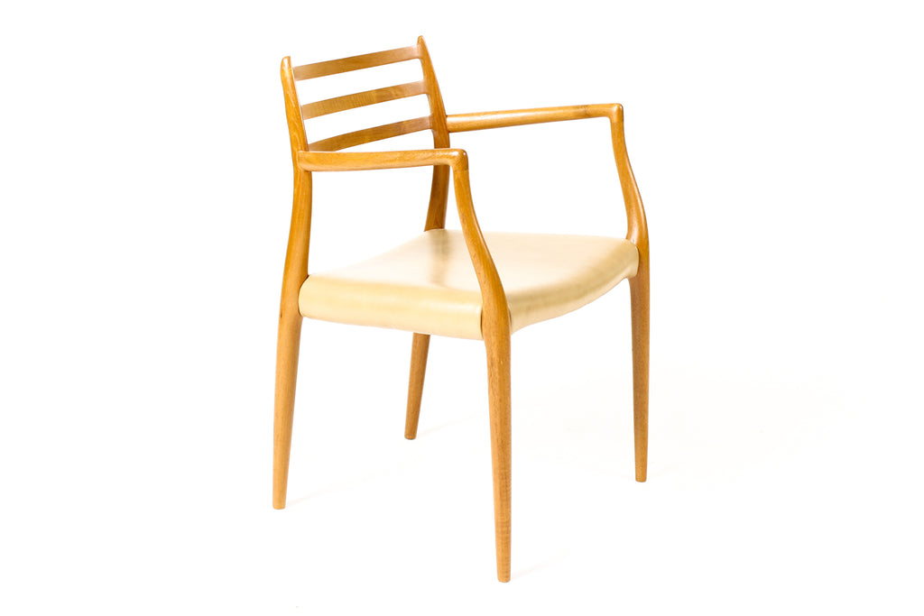 #2259 –  Danish Modern / Mid Century Teak Dining Chairs — JL Moller #78 + #62 — Tan Leather — Set of 6