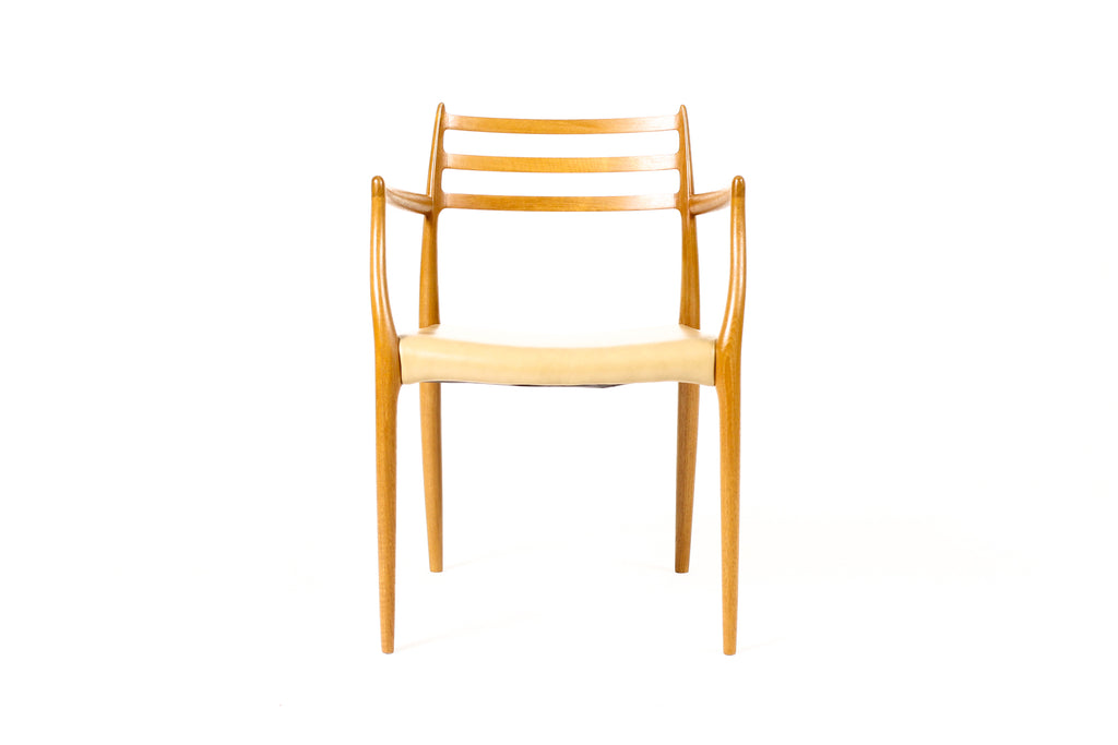 #2259 –  Danish Modern / Mid Century Teak Dining Chairs — JL Moller #78 + #62 — Tan Leather — Set of 6
