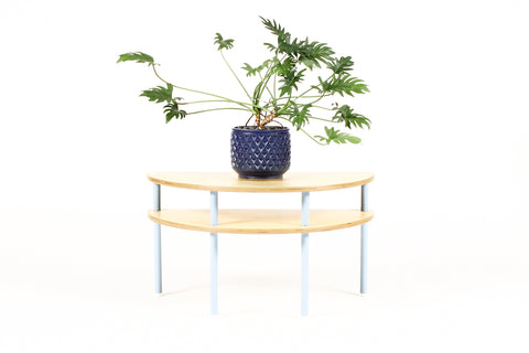 Modernist / Minimalist Plywood + Tubular Steel Half Round Coffee Table — High Shelf — Tier Collection