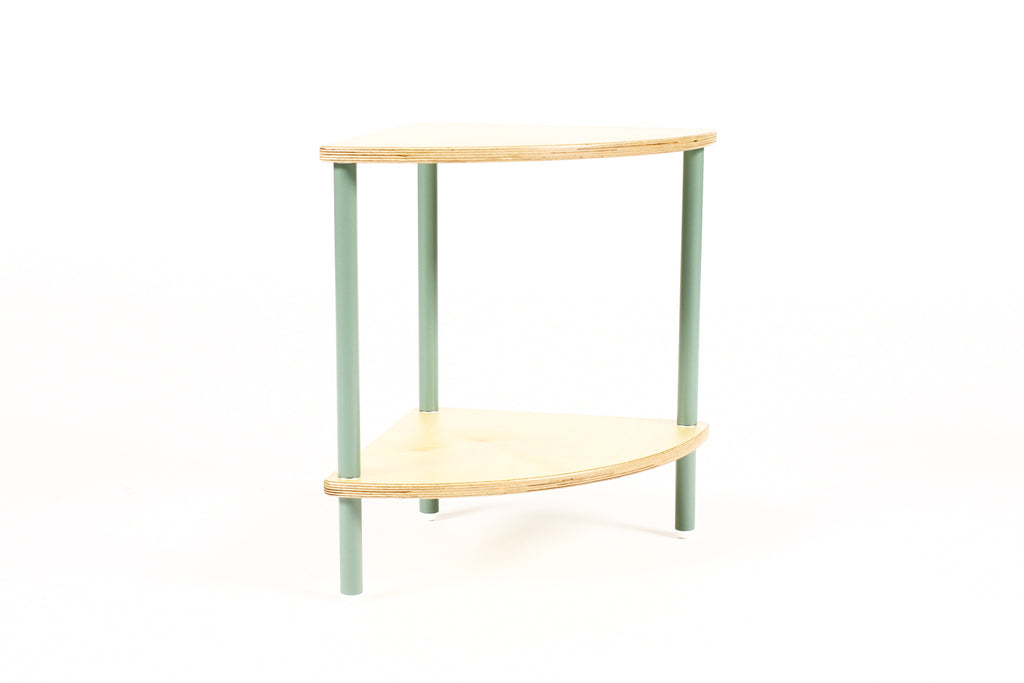 #2183 - Modernist / Minimalist Plywood + Tubular Steel Quarter Round Side Table / Corner Shelf — Tier Collection