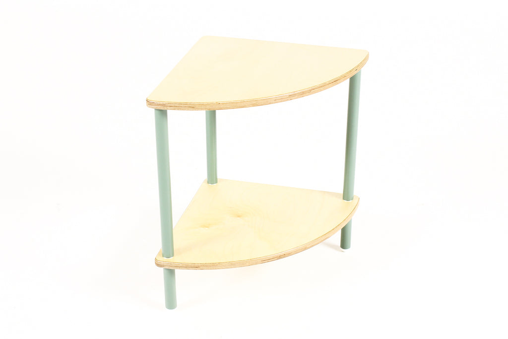 #2183 - Modernist / Minimalist Plywood + Tubular Steel Quarter Round Side Table / Corner Shelf — Tier Collection