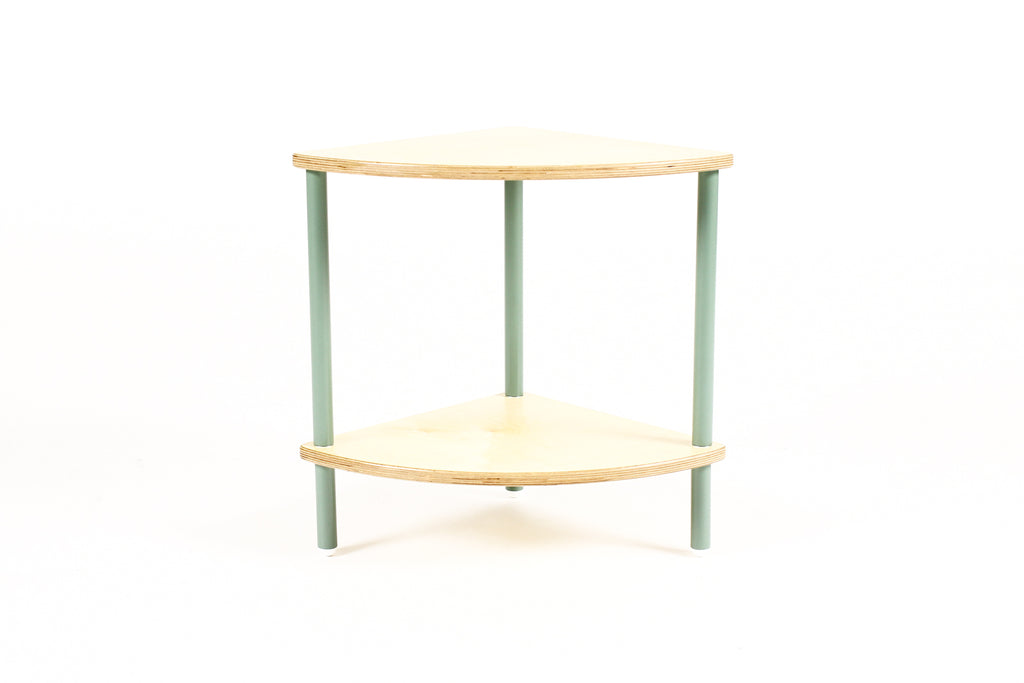 #2183 - Modernist / Minimalist Plywood + Tubular Steel Quarter Round Side Table / Corner Shelf — Tier Collection