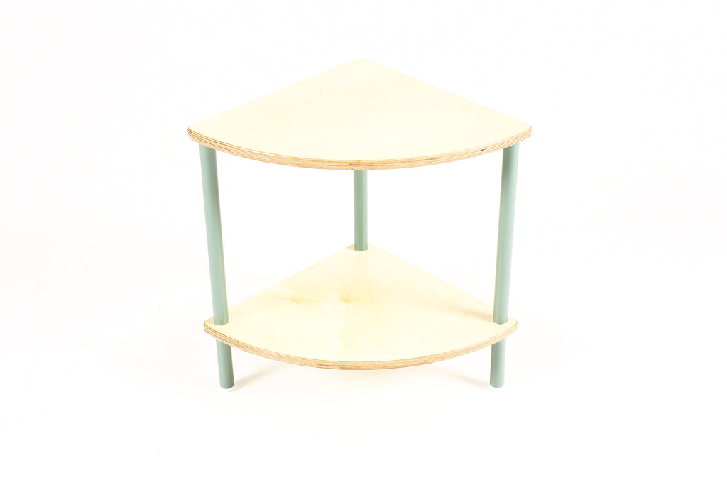 #2183 - Modernist / Minimalist Plywood + Tubular Steel Quarter Round Side Table / Corner Shelf — Tier Collection
