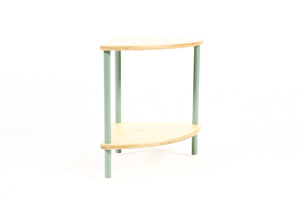 #2183 - Modernist / Minimalist Plywood + Tubular Steel Quarter Round Side Table / Corner Shelf — Tier Collection