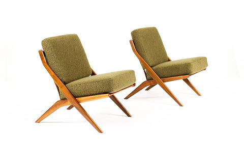 Danish Modern / Mid Century Walnut Scissor Lounge Chairs — Folke Ohlsson for Dux — Olive Bouclé