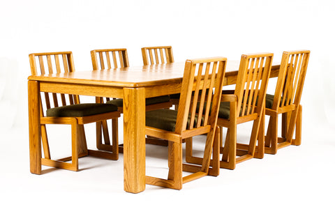 Vintage Mid Century 70’s Chunky White Oak Dining Set — Glenn of California — Table + 6 Chairs