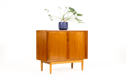 Danish Modern / Mid Century Compact Teak Credenza / Console — Tambour Doors —&nbsp; Hans C. Andersen — A