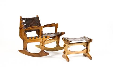 Vintage Mid Century Modernist Wood + Leather Rocking Chair + Ottoman Set – Angel Pazmino
