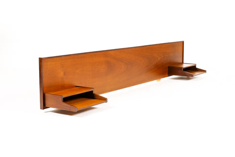 #2173 —  Danish Modern / Mid Century Wall Mounted Teak Headboard + Floating nightstand Assembly — Queen