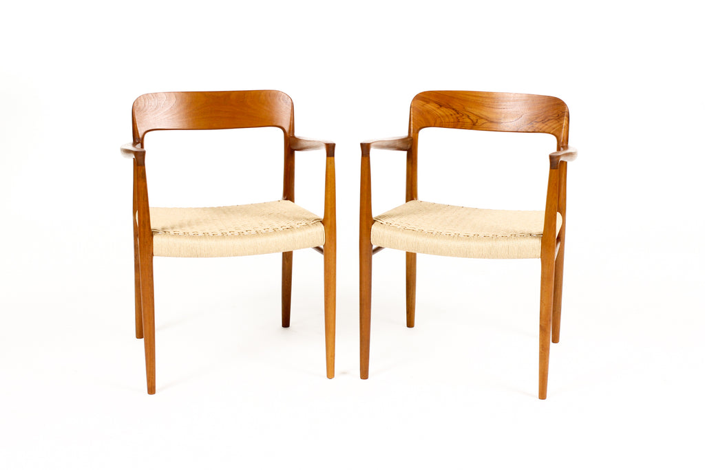 #2152 — Danish Modern / Mid Century Teak Armchair / Captain’s Chairs — J.L. Moller Model #56 — Rope Seats — Pair