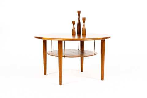 #2142 — Danish Modern / Mid Century Round Teak Coffee Table — Lower Shelf — Brass Detailing