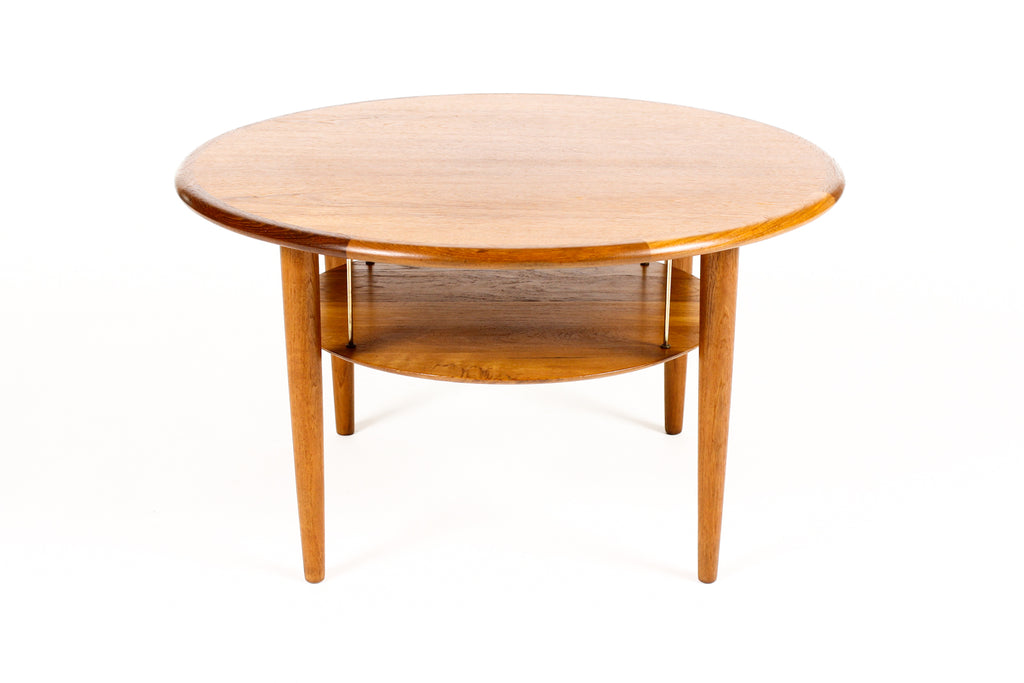 #2142 — Danish Modern / Mid Century Round Teak Coffee Table — Lower Shelf — Brass Detailing