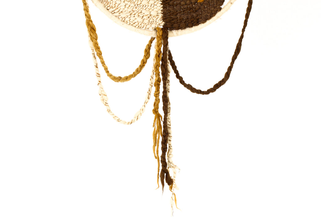 #2219 —  Vintage Mid Century 70’s Era Large Round Woven Wall Hanging / Fiber Art — Earthtones