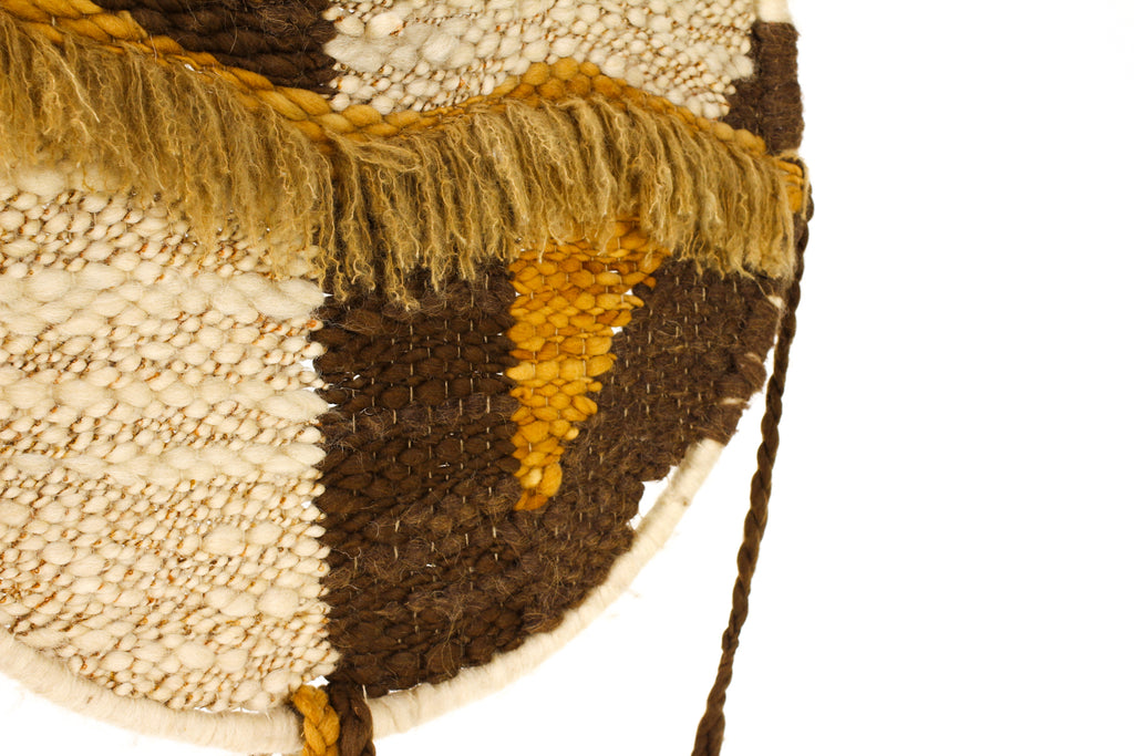 #2219 —  Vintage Mid Century 70’s Era Large Round Woven Wall Hanging / Fiber Art — Earthtones