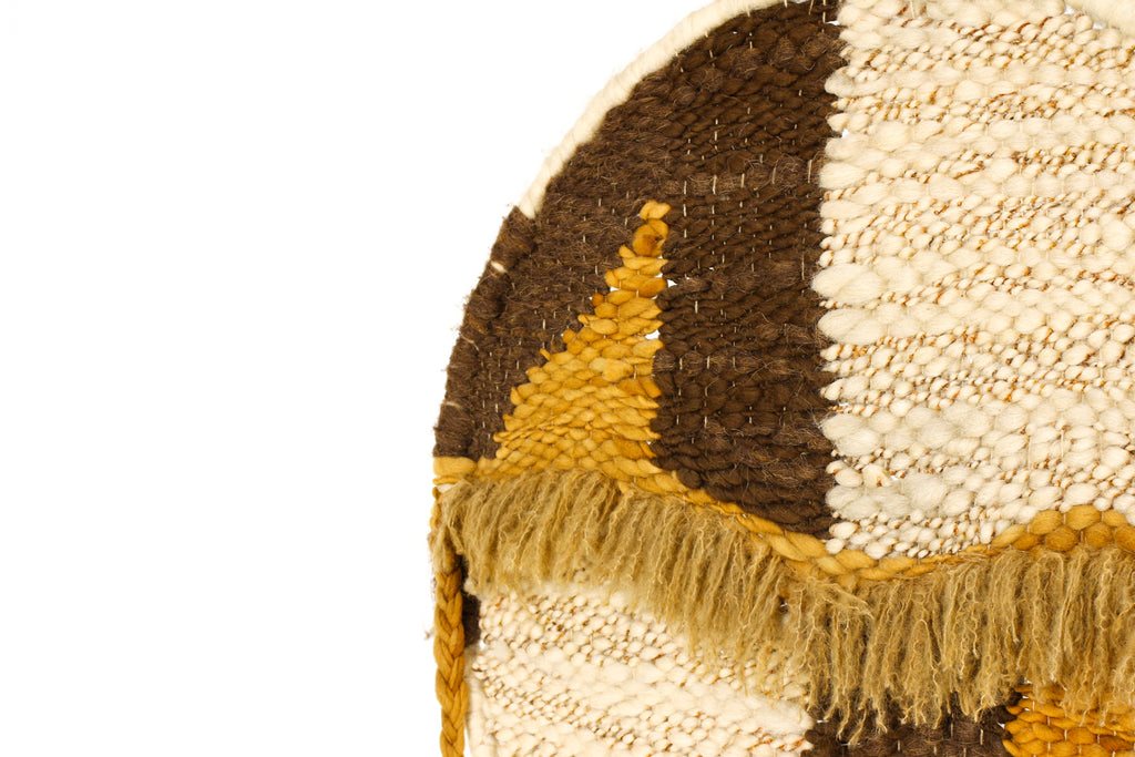 #2219 —  Vintage Mid Century 70’s Era Large Round Woven Wall Hanging / Fiber Art — Earthtones