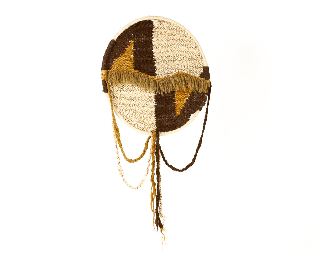 #2219 —  Vintage Mid Century 70’s Era Large Round Woven Wall Hanging / Fiber Art — Earthtones