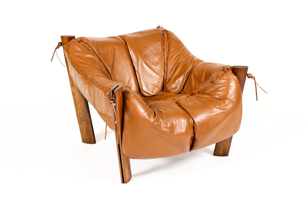 #2158 — Mid Century Brazilian Modernist Lounge Chair + Ottoman — Percival Lafer — Model MP-211 — Terra Cotta Leather + Rosewood