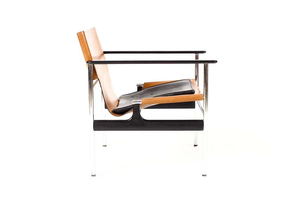 #2261 — Vintage Mid Century 657 Sling Lounge Chair — Charles Pollock for Knoll International — Chrome + Leather