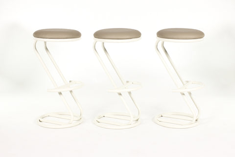 #2149 —Mid Century Vintage Modernist French Barstools — Louis Sognot — Tan Leather — Set of 3