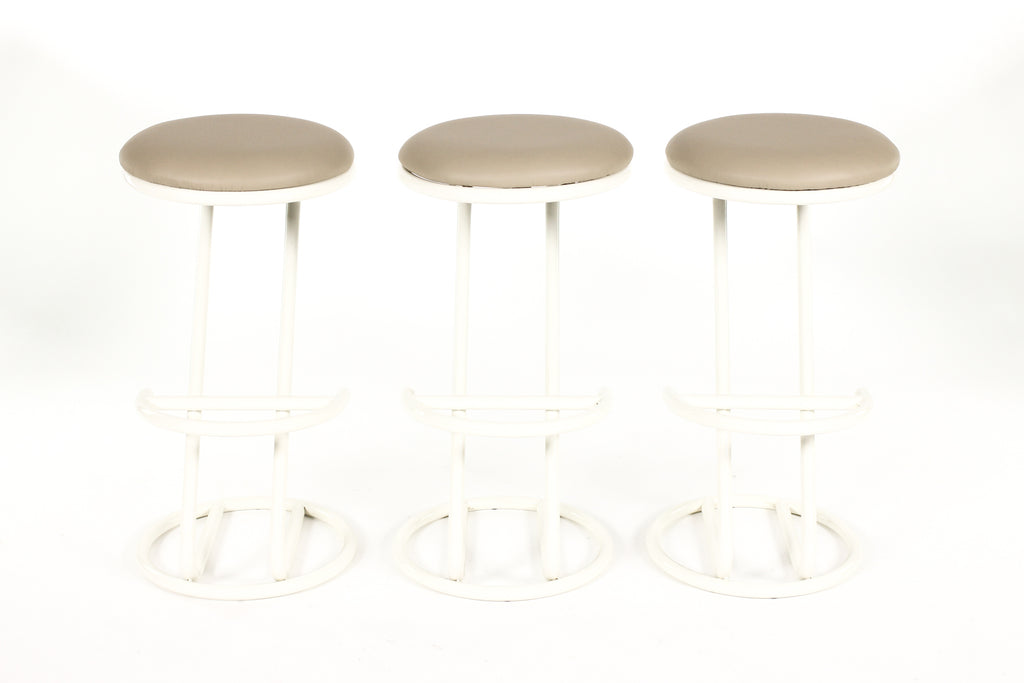 #2149 —Mid Century Vintage Modernist French Barstools — Louis Sognot — Tan Leather — Set of 3