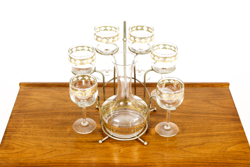 #2110 — Vintage Mid Century Wine / Cocktail Glasses + Decanter Set — Culver Valencia 22K Gold — Set of 6