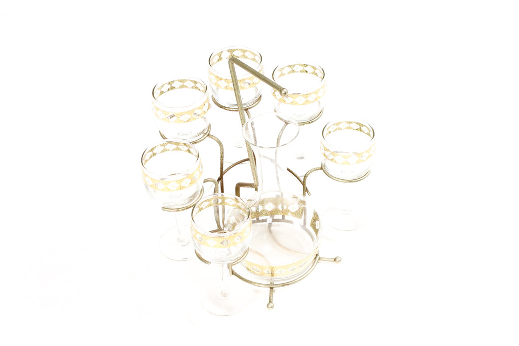 #2110 — Vintage Mid Century Wine / Cocktail Glasses + Decanter Set — Culver Valencia 22K Gold — Set of 6