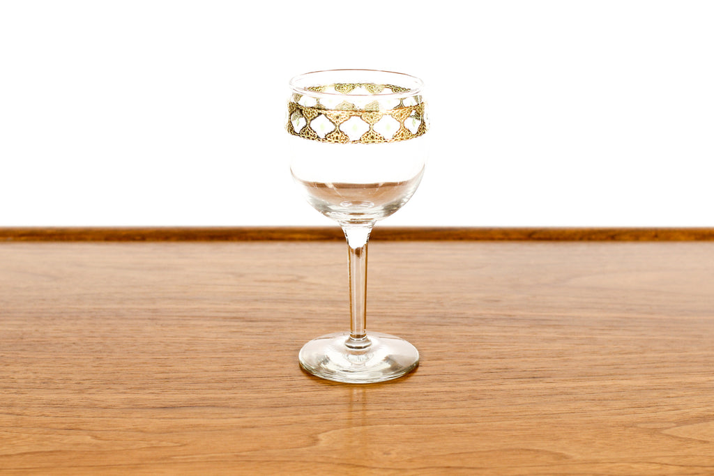 #2110 — Vintage Mid Century Wine / Cocktail Glasses + Decanter Set — Culver Valencia 22K Gold — Set of 6