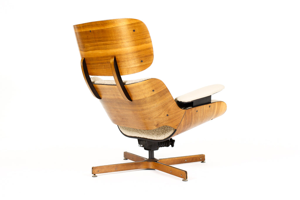 #2161 — Vintage Mid Century Plycraft Walnut George Mulhauser Lounge Chair + Ottoman — Mr. Chair —Tan Bouclé