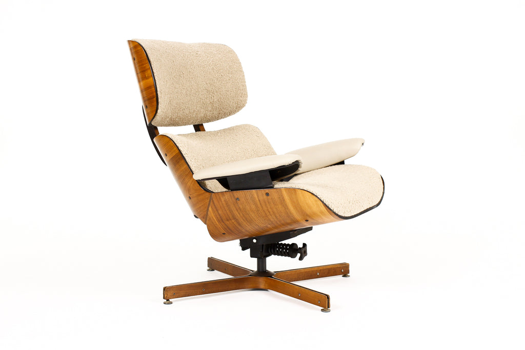 #2161 — Vintage Mid Century Plycraft Walnut George Mulhauser Lounge Chair + Ottoman — Mr. Chair —Tan Bouclé