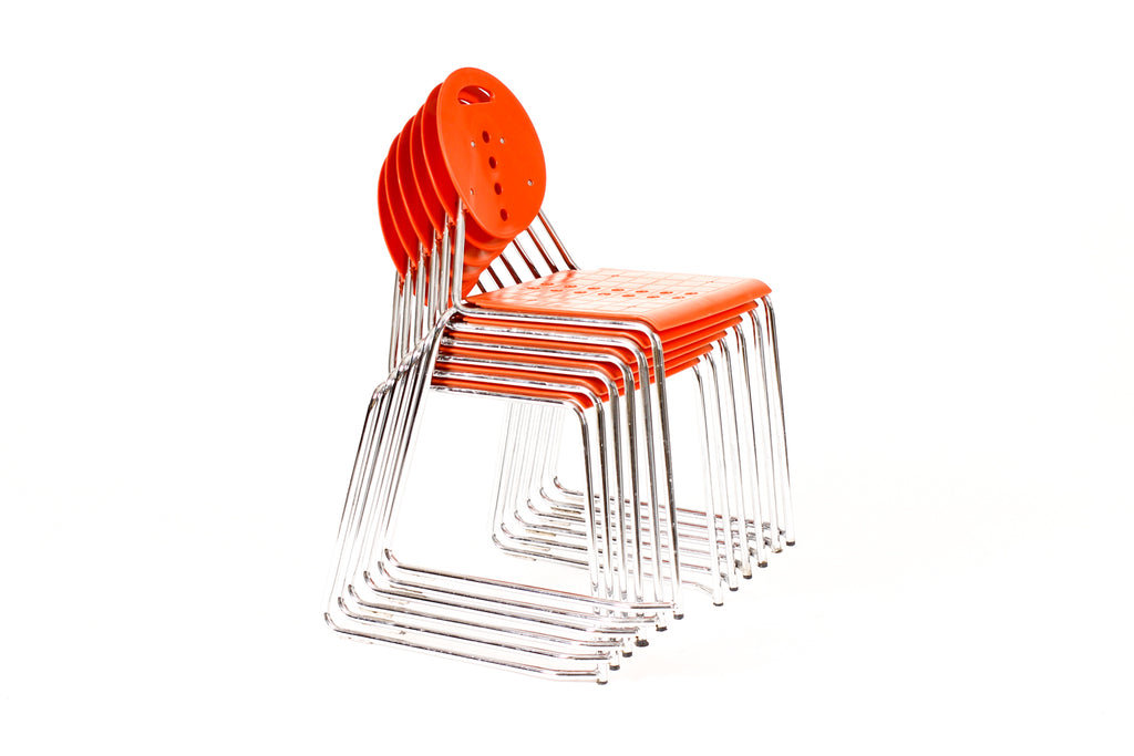 #2258 — Mid Century Italian Post Modern Stacking ‘Charlie’ Dining Chairs — Carlo Bimbi + Nilo Gioacchini for Segis — Set of Six