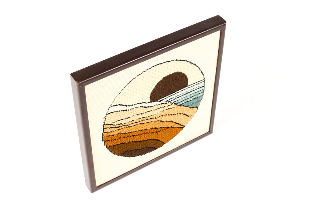 #2218 — Vintage Mid Century Abstract Landscape / Seascape 70’s era framed Cross Stitch