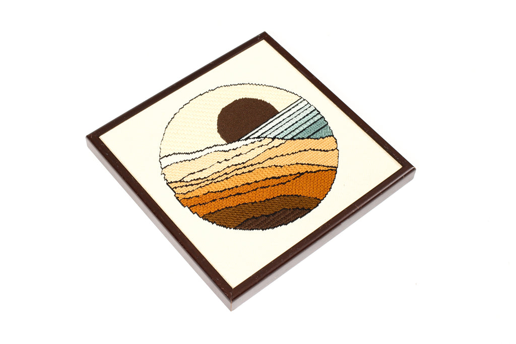 #2218 — Vintage Mid Century Abstract Landscape / Seascape 70’s era framed Cross Stitch